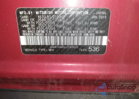 2018 Mitsubishi Eclipse Cross Le z USA, uszkodzony, nr VIN JA4AT4AA9JZ043625